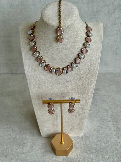 Ayura Designs Eira Set – Necklace, Earrings & Tikka with Blush Pink & Ivory Oval Stones in Antique Gold