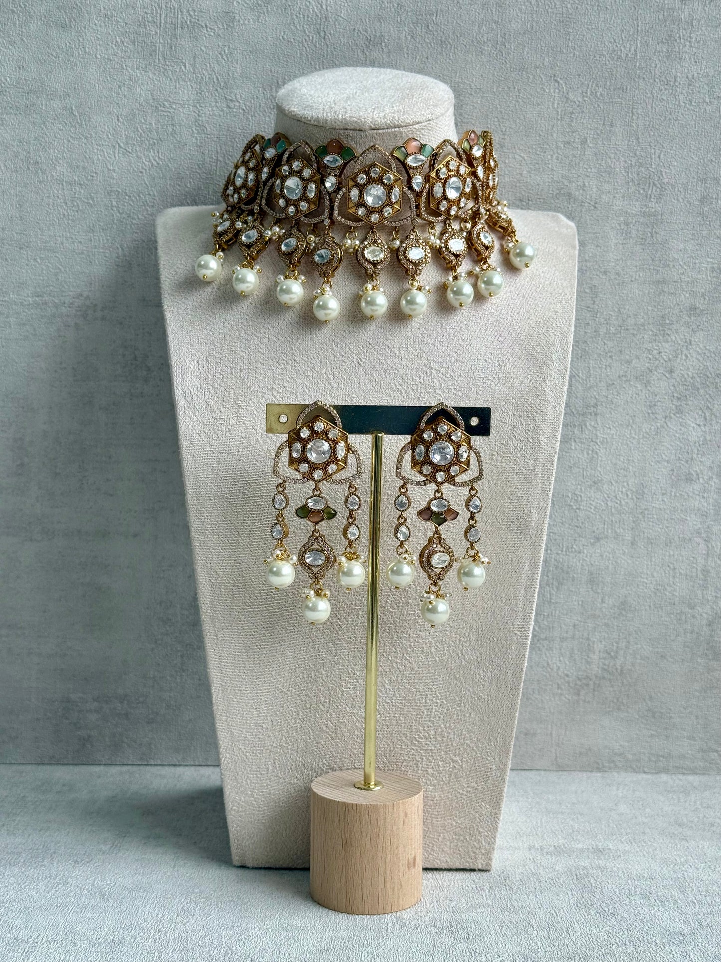 Ayura Designs Serina Choker Set with Earrings – Peach & Pistachio Enamel, Mirror-Cut Stones & Pearl Drops