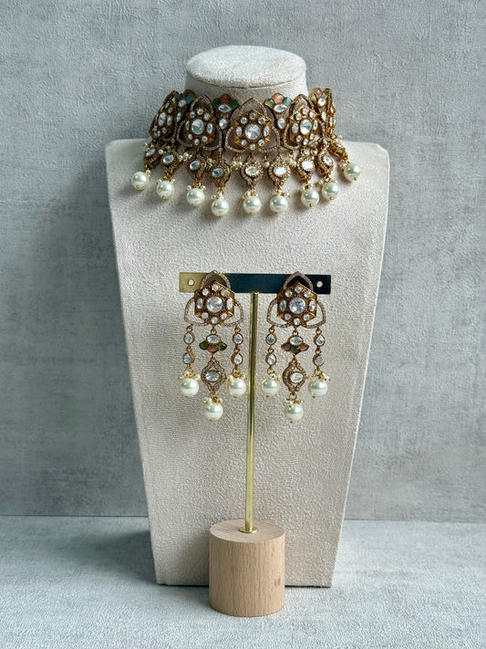 Ayura Designs Serina Choker Set with Earrings – Peach & Pistachio Enamel, Mirror-Cut Stones & Pearl Drops