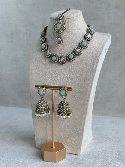 Ayura Designs Eira Necklace Set with Earrings & Tikka – Mint Green & Crystal Stones with Antique Gold Finish