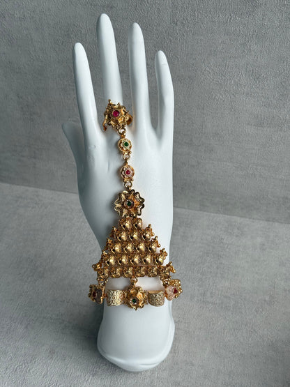 Ayura Designs Tripta Haathphool – Set of 2 Antique Gold Floral Hand Ornament with Multicolour Stones