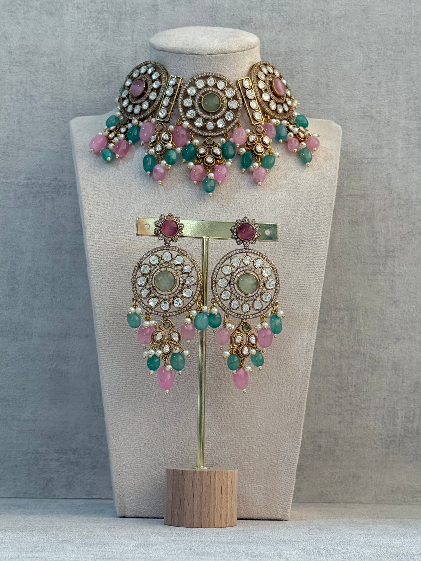 Ayura Designs Harper Set – Antique Gold Choker & Earrings with Mint Green & Blush Pink Beads, Kundan Stones & Pearl Detailing