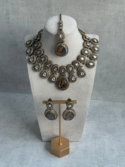 Ayura Designs Aurora Set with Earrings & Tikka – Blue & Bronze Marbled Stone, Mirror-Cut Accents & Antique Gold Finish