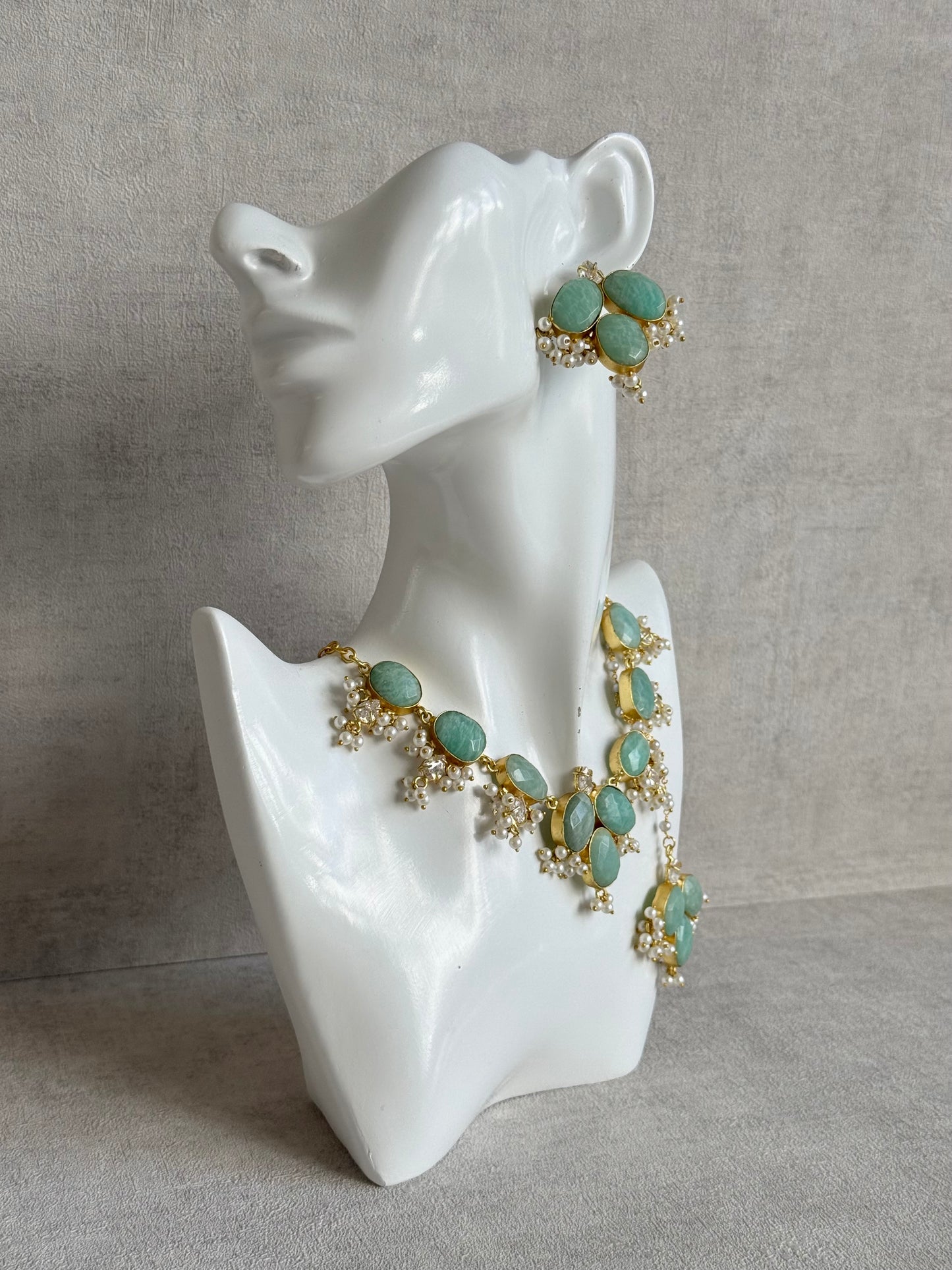 Ayura Designs Anahita Set with Tikka & Earrings – Amazonite, Crystals & Pearls