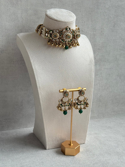 Ayura Designs Sufna Choker Set with Earrings – Emerald Green Stones, Pearl Strands & Kundan Detailing