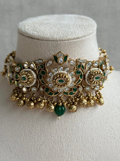 Ayura Designs Sufna Choker Set with Earrings – Emerald Green Stones, Pearl Strands & Kundan Detailing