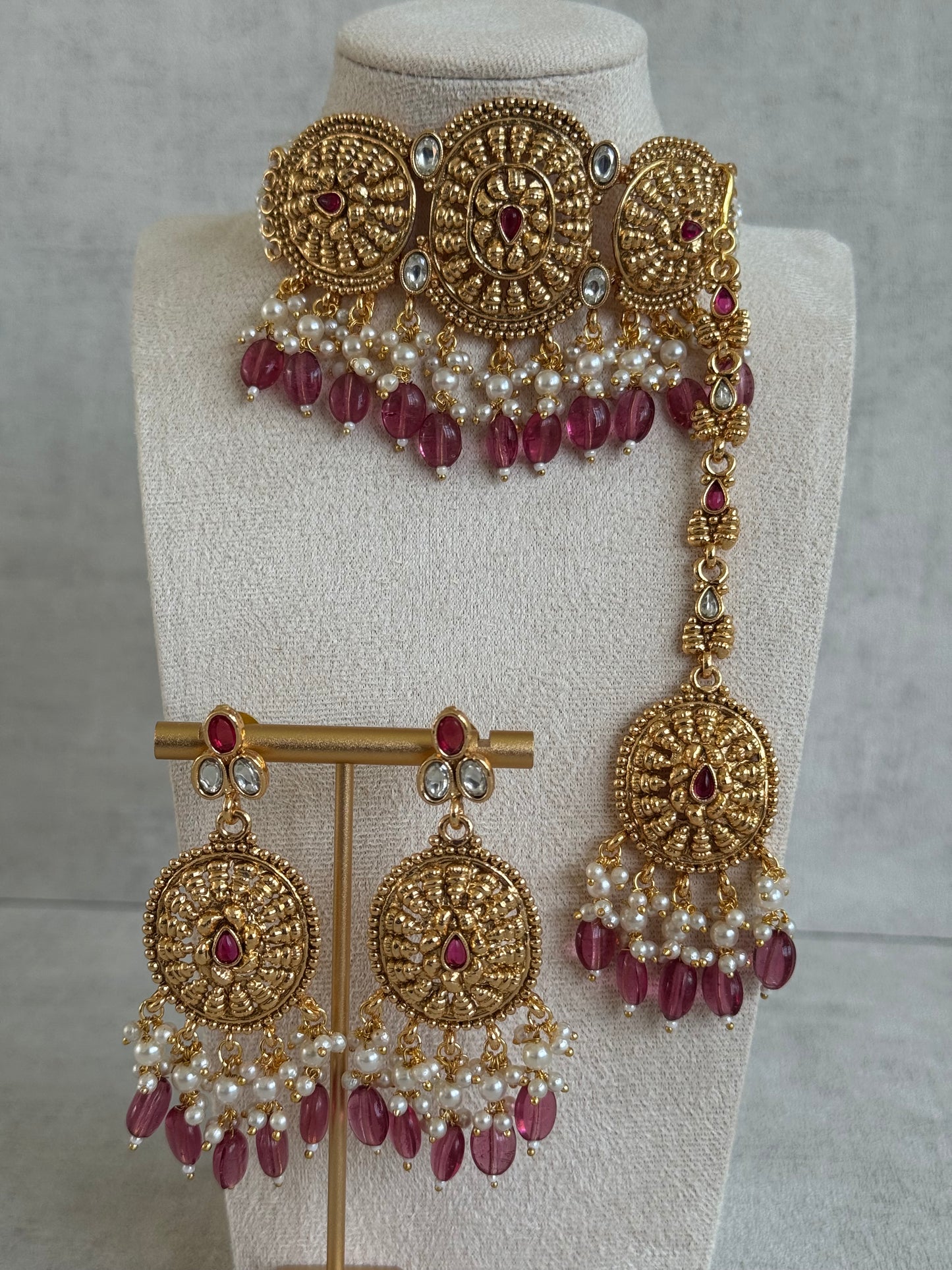 Ayura Designs Tanveer Choker Set with Earrings & Tikka – Antique Gold with Mirror-Cut Stones, Ruby & Emerald Beads