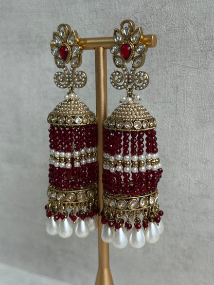 Ayura Designs Sage Earrings – Statement Jhumkis with Mirror-Cut Stones, Pearl Drops & Ruby Red Beads