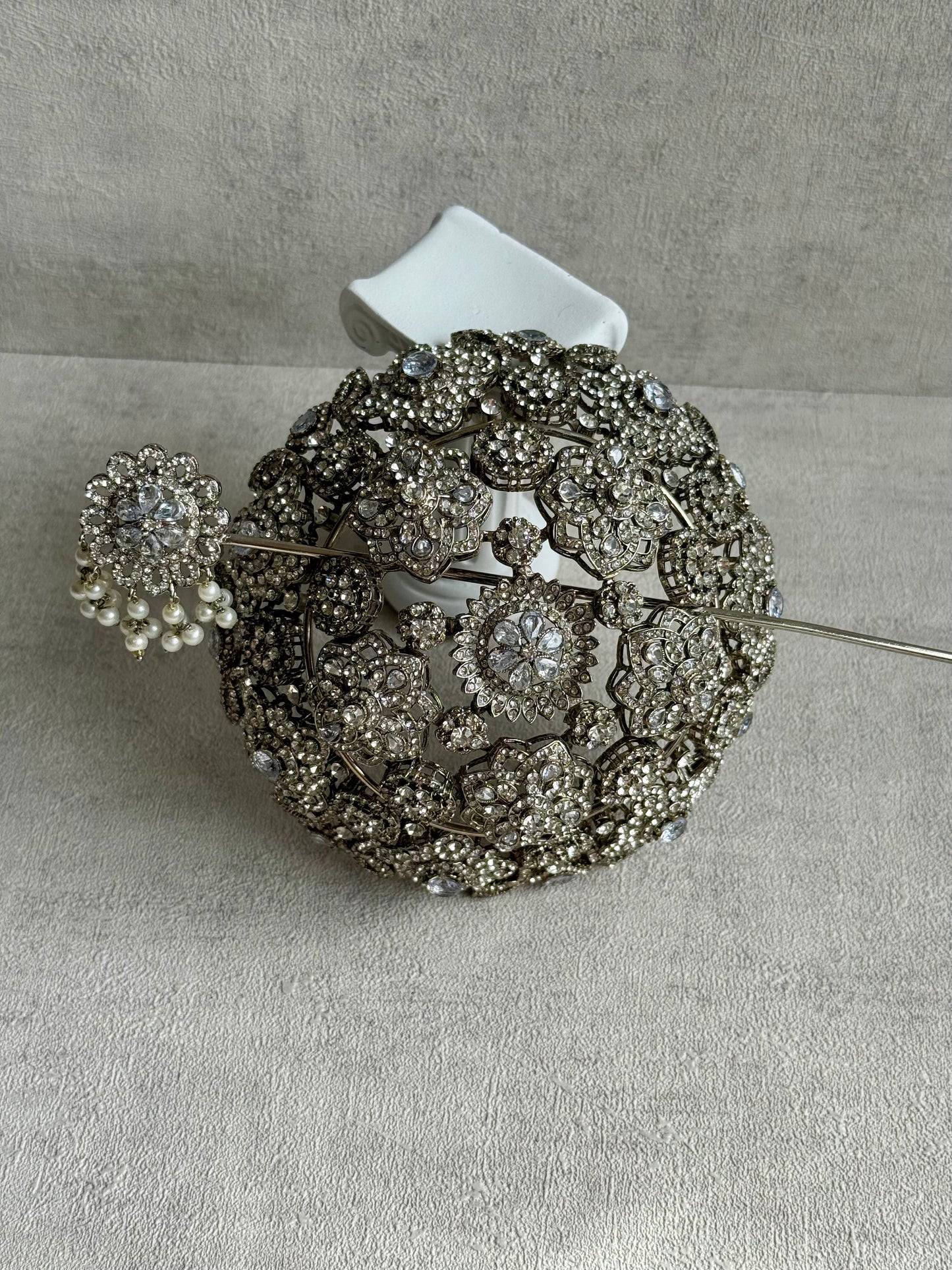Ayura Designs Lotus Hair Bun Cover – Antique Silver with Mirror-Cut Stones & Floral Detailing