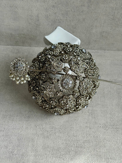 Ayura Designs Lotus Hair Bun Cover – Antique Silver with Mirror-Cut Stones & Floral Detailing