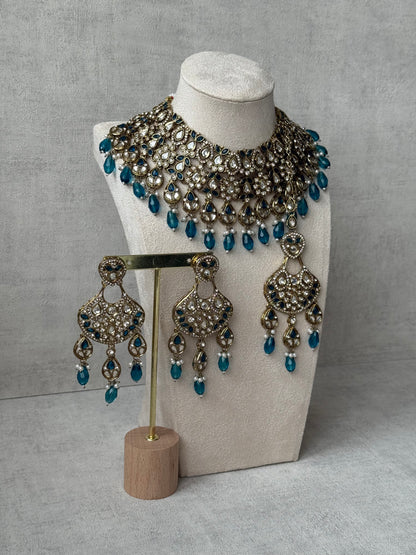 Ayura Designs Hoorain Set with Earrings – Antique Gold Finish, Mirror-Cut Stones & Peacock Blue Beads
