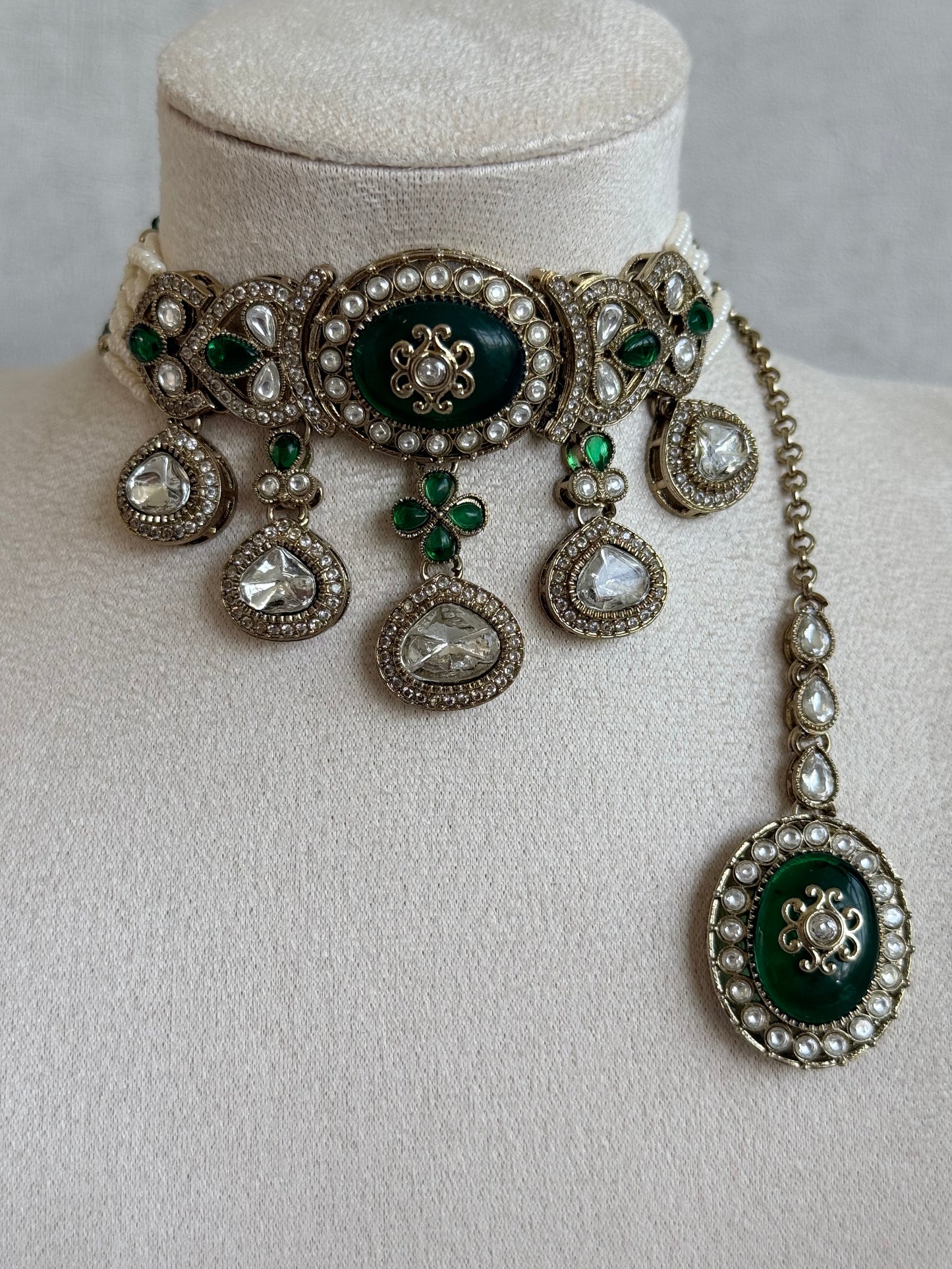 Ayura Designs Myra Choker Set with Earrings & Tikka – Emerald Green Kundan & Pearl Detailing