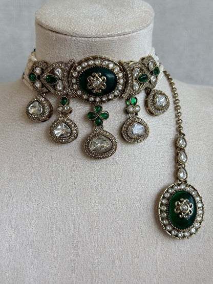 Ayura Designs Myra Choker Set with Earrings & Tikka – Emerald Green Kundan & Pearl Detailing