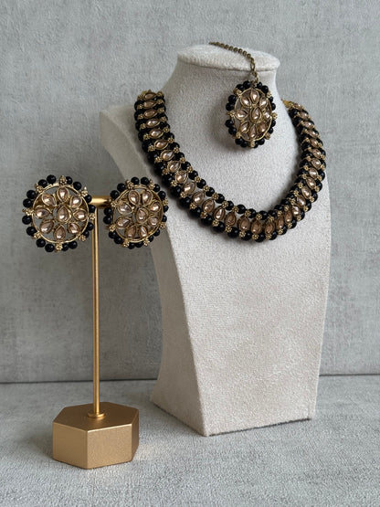 Ayura Designs Hala Set with Tikka & Studs – Midnight Black Beads & Champagne Kundan