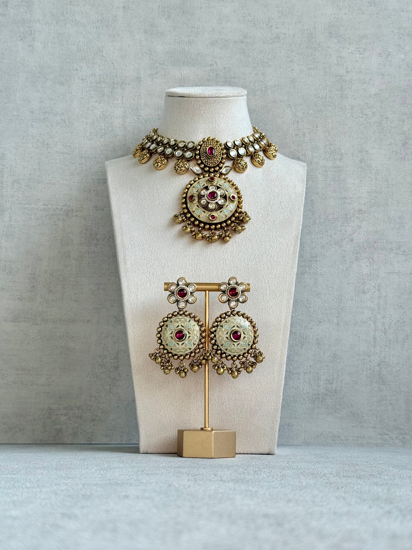 Ayura Designs Zayna Set with Necklace & Earrings – Ivory Meenakari with Rani Pink Stones