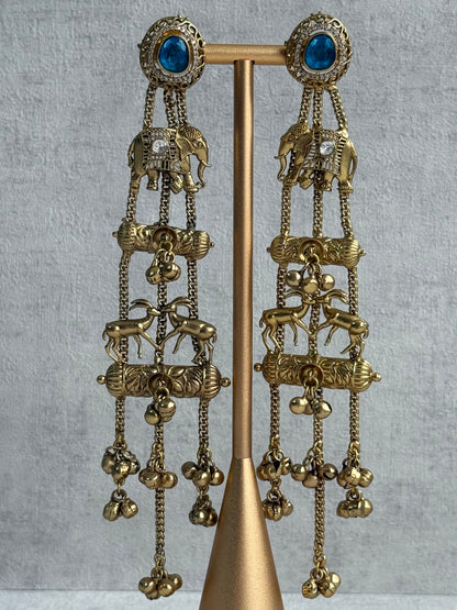 Ayura Designs Sonal Earrings – Antique Gold Dangler Earrings with Elephant & Deer Motifs, Blue Stone Tops & Ghungroo Detailing