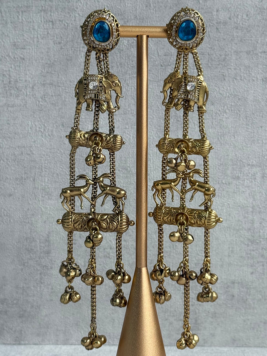 Ayura Designs Sonal Earrings – Antique Gold Dangler Earrings with Elephant & Deer Motifs, Blue Stone Tops & Ghungroo Detailing