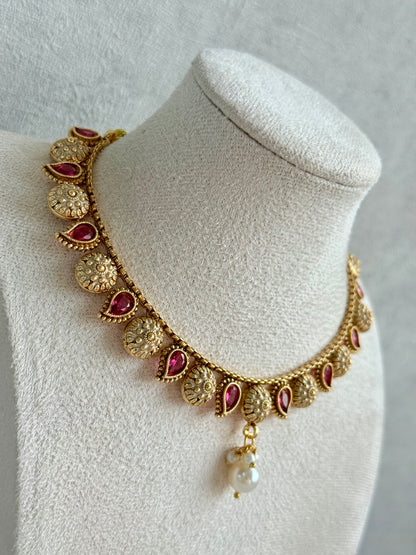Ayura Designs Mayura Necklace Set with Earrings – Antique Gold Meenakari Motifs with Pearl Drop & Rani Pink Stones