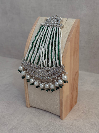 Ayura Designs Ash Jhoomar Passa – Emerald Green Beads with Mirror Cut Stones & Silver Finish
