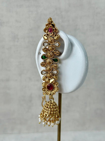 Ayura Designs Keerti Jhumkis – Antique Gold Kannauti Earrings with Ruby Pink & Emerald Green Stones, Mirror-Cut Detailing & Pearl Drops