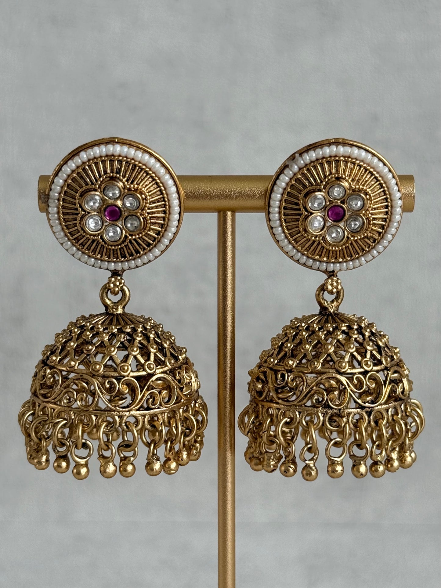 Ayura Designs Sabina Jhumkis with Detachable Sahare – Multicolour Kundan & Antique Gold Finish