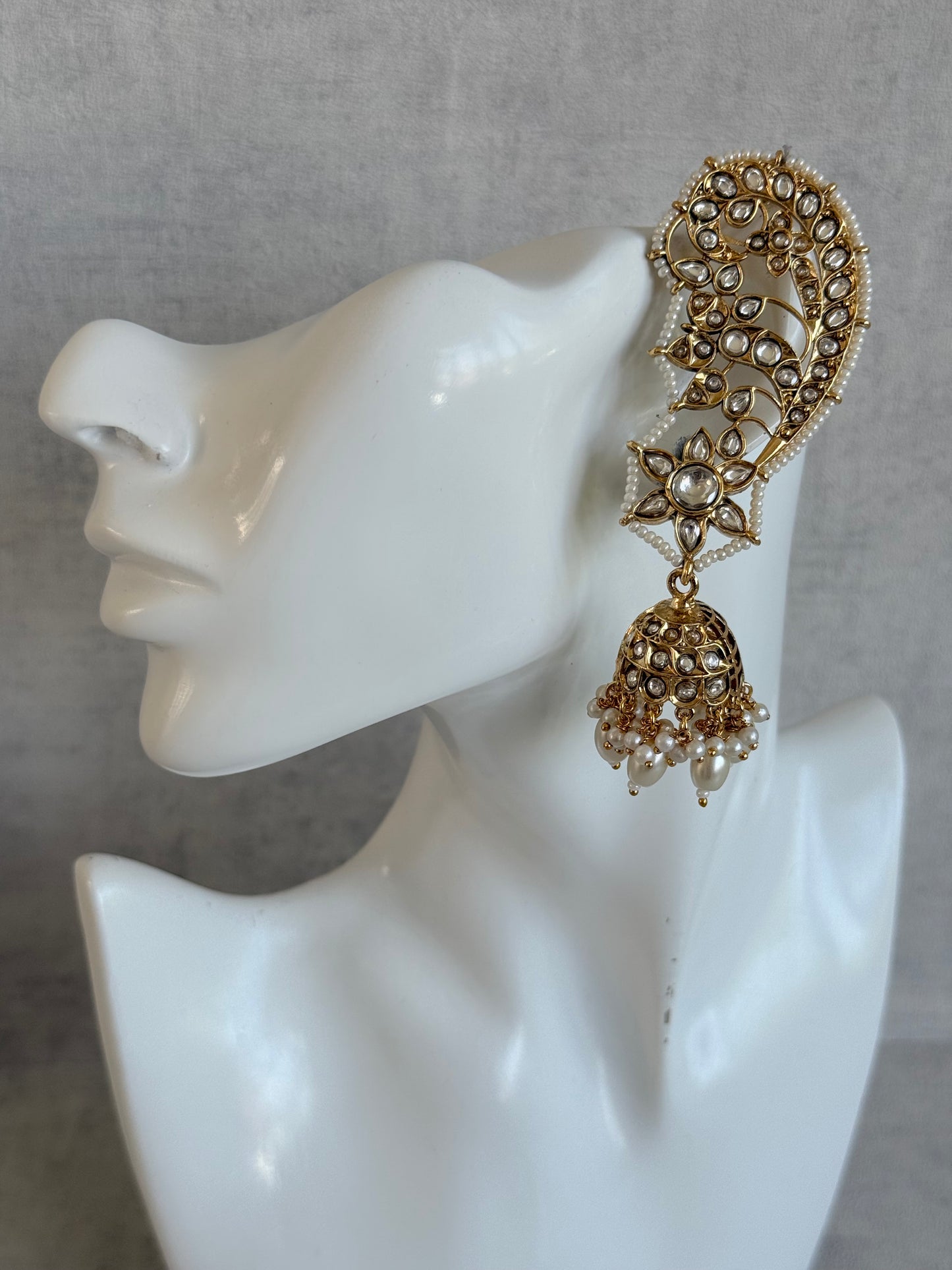 Ayura Designs Urisha Ear Climber Jhumkis – Pearl & Kundan Earrings, Indian Pakistani Bridal Wedding Jewellery