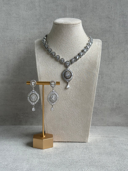 Ayura Designs Bella Set – Silver Necklace & Earrings with Teardrop Moissanite Stones & Radiant Halo Design