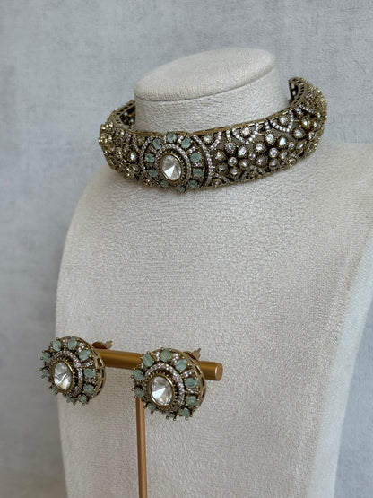 Ayura Designs Genevieve Choker Set with Studs – Mint Crystal Kundan in Antique Gold