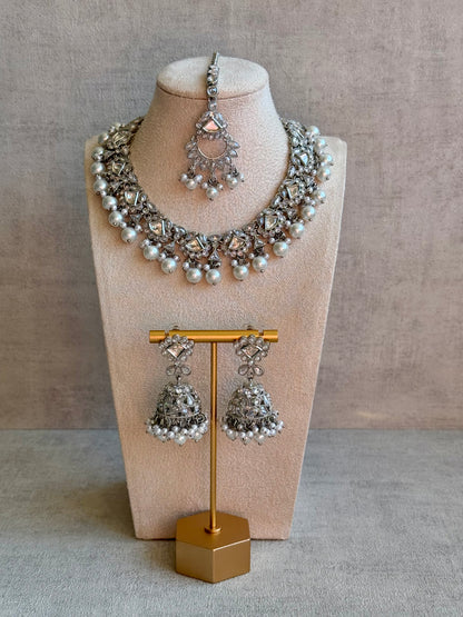 Ayura Designs Fozia Set with Necklace, Jhumkis & Tikka – Mirror-Cut Stones & Pearl Detailing in Silver Finish