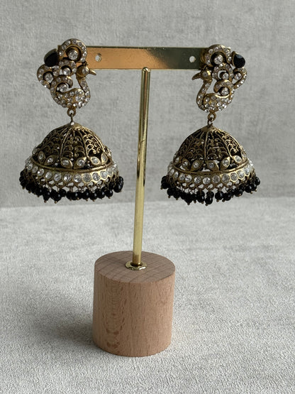 Ayura Designs Mayurika Jhumkis – Antique Gold Jhumkis with Crystal Stones, Black Beads & Peacock Motif