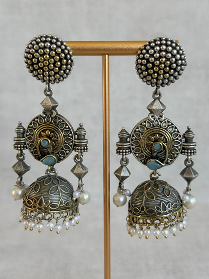 Ayura Designs Elaf Jhumki Earrings – Oxidised Silver Jhumkis with Peacock Motifs, Turquoise Stones & Pearl Drops