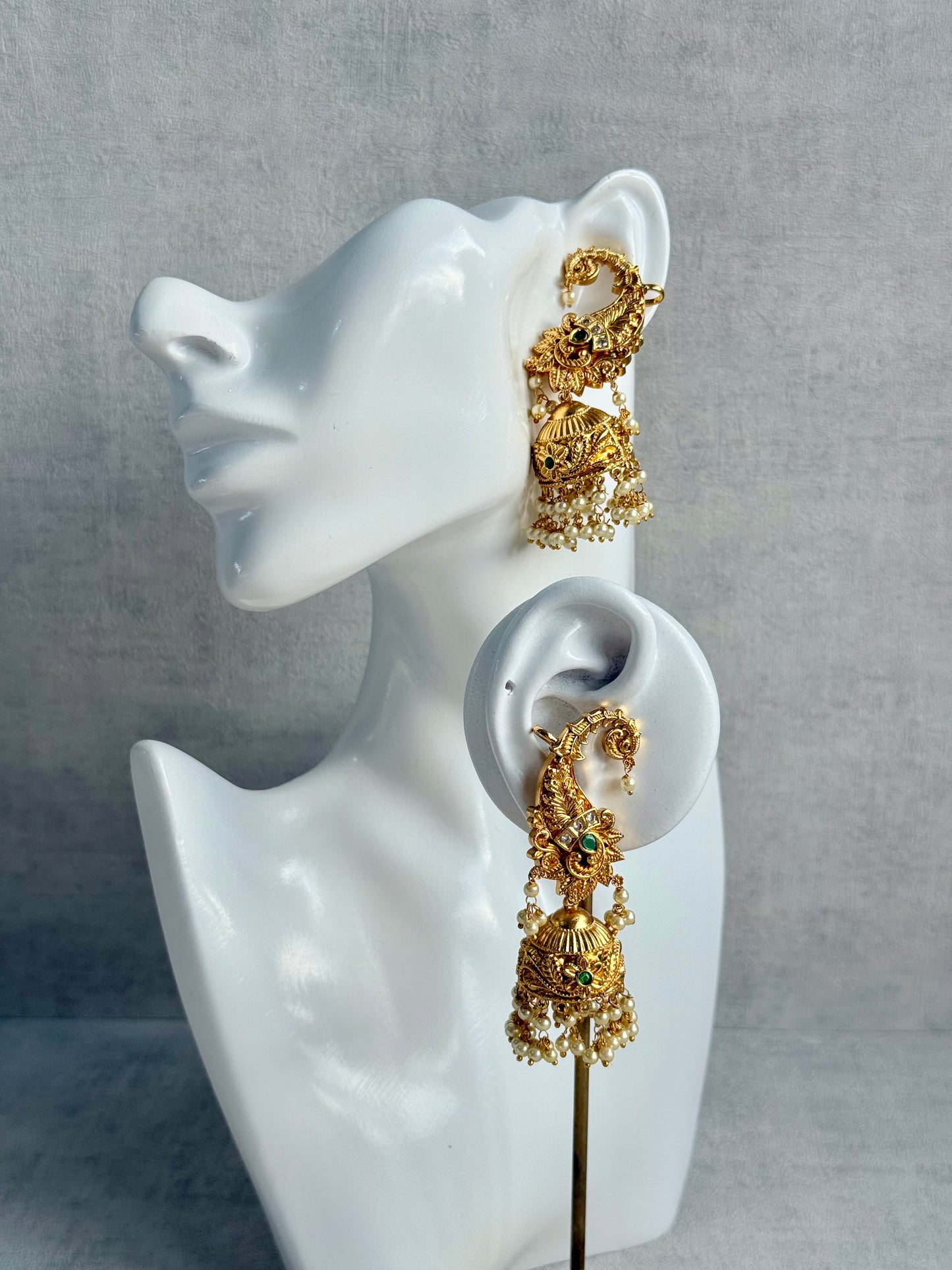 Ayura Designs Anika Jhumkis – Gold Half Ear Cuffs with Peacock Motif, Green Stone Accents, Kundan Crystals & Pearl Jhumka Drops