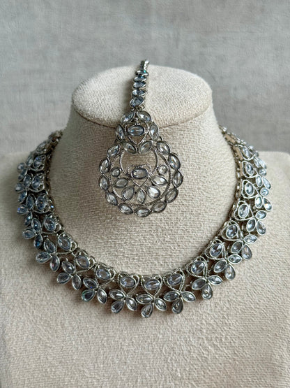 Ayura Designs Urwa Set – Necklace, Earrings & Tikka with Mirror-Cut Stones in Antique Silver Finish