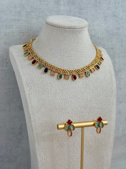 Ayura Designs Bhawani Set with Necklace & Stud Earrings – Multicolour Stone Charms in Antique Gold Finish