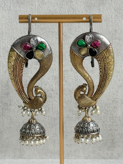 Ayura Designs Moorni Earrings – Dual Tone Oxidised Peacock Ear Climbers with Multicolour Stones & Pearl Jhumki Drops