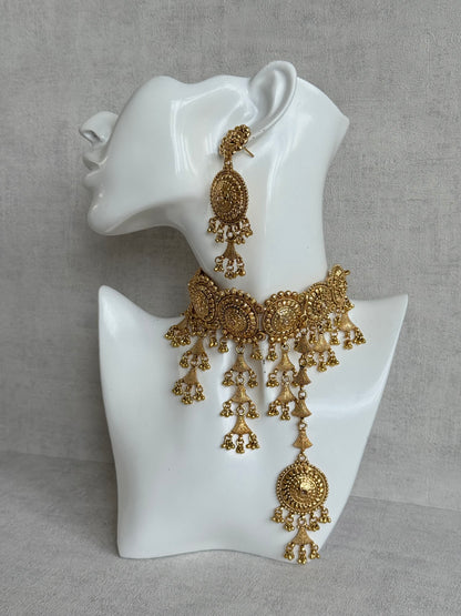 Ayura Designs Farzeena Choker Set with Earrings & Tikka – Traditional Gold Tone Waterfall Jewellery Set with Ghungroo Detailing