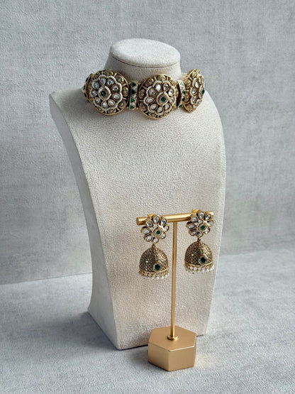 Ayura Designs Tanu Choker Set – Antique Gold Choker & Jhumkis with Ruby & Emerald Kundan and Pearl Borders