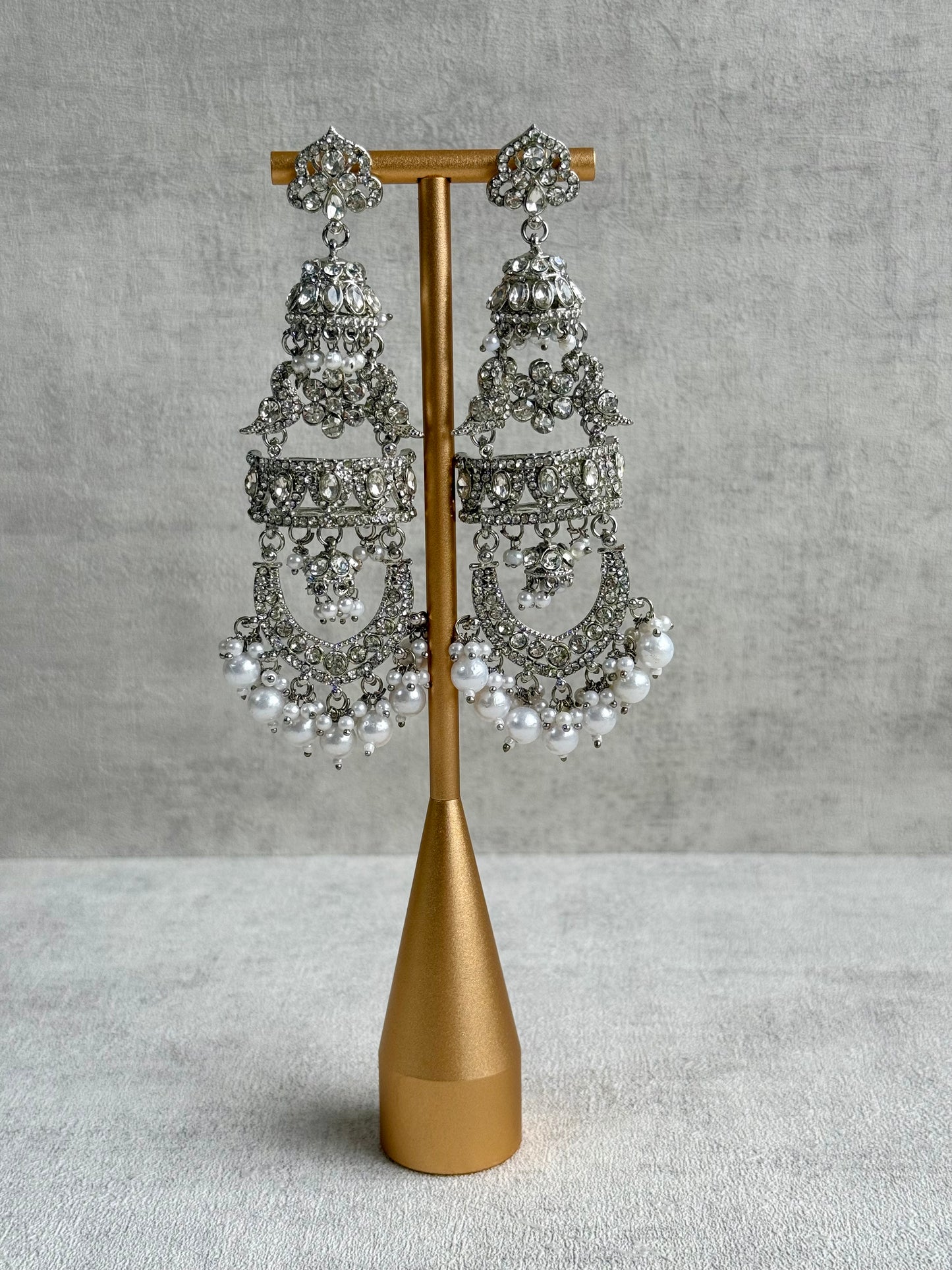 Ayura Designs Giselle Earrings – Silver Finish Chandbali Jhumkas with Mirror-Cut Stones & Pearl Drops