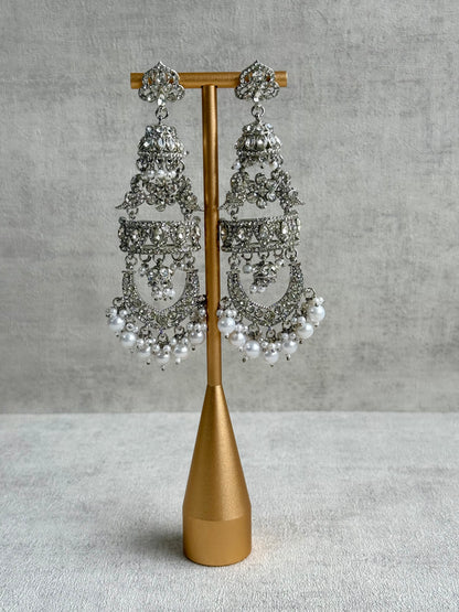 Ayura Designs Giselle Earrings – Silver Finish Chandbali Jhumkas with Mirror-Cut Stones & Pearl Drops