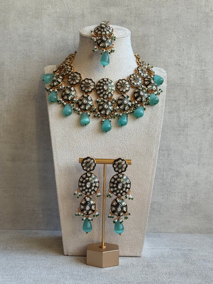 Ayura Designs Sumaira Set – Necklace, Earrings & Tikka with Kundan, Green Meenakari Detailing & Aqua Drops