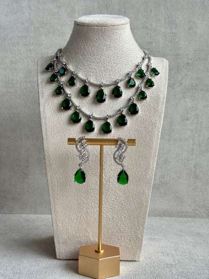 Ayura Designs Nida Set with Necklace & Earrings – Emerald Green Stones, Diamond-Cut Accents & Silver Finish