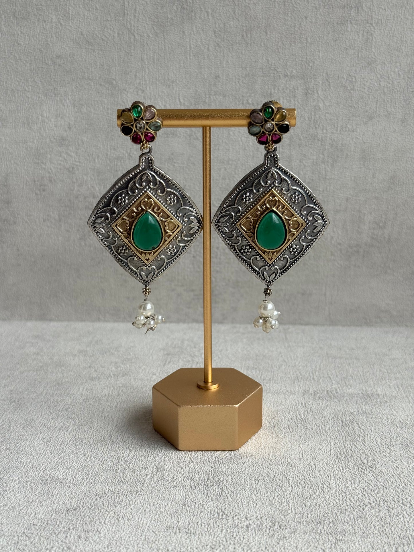 Ayura Designs Paayal Set with Earrings – Dual Tone Oxidised Necklace Set with Multicolour Stones & Pearl Clusters