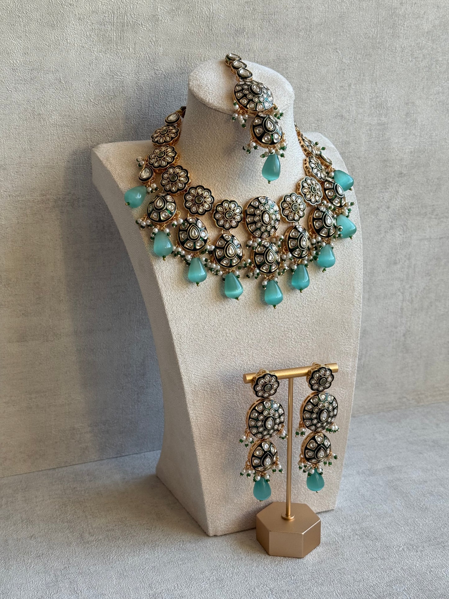 Ayura Designs Sumaira Set – Necklace, Earrings & Tikka with Kundan, Green Meenakari Detailing & Aqua Drops