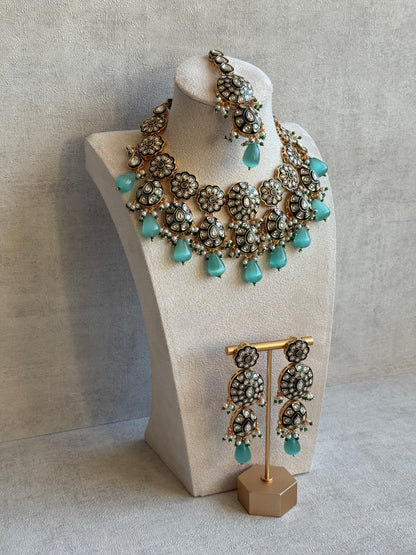 Ayura Designs Sumaira Set – Necklace, Earrings & Tikka with Kundan, Green Meenakari Detailing & Aqua Drops