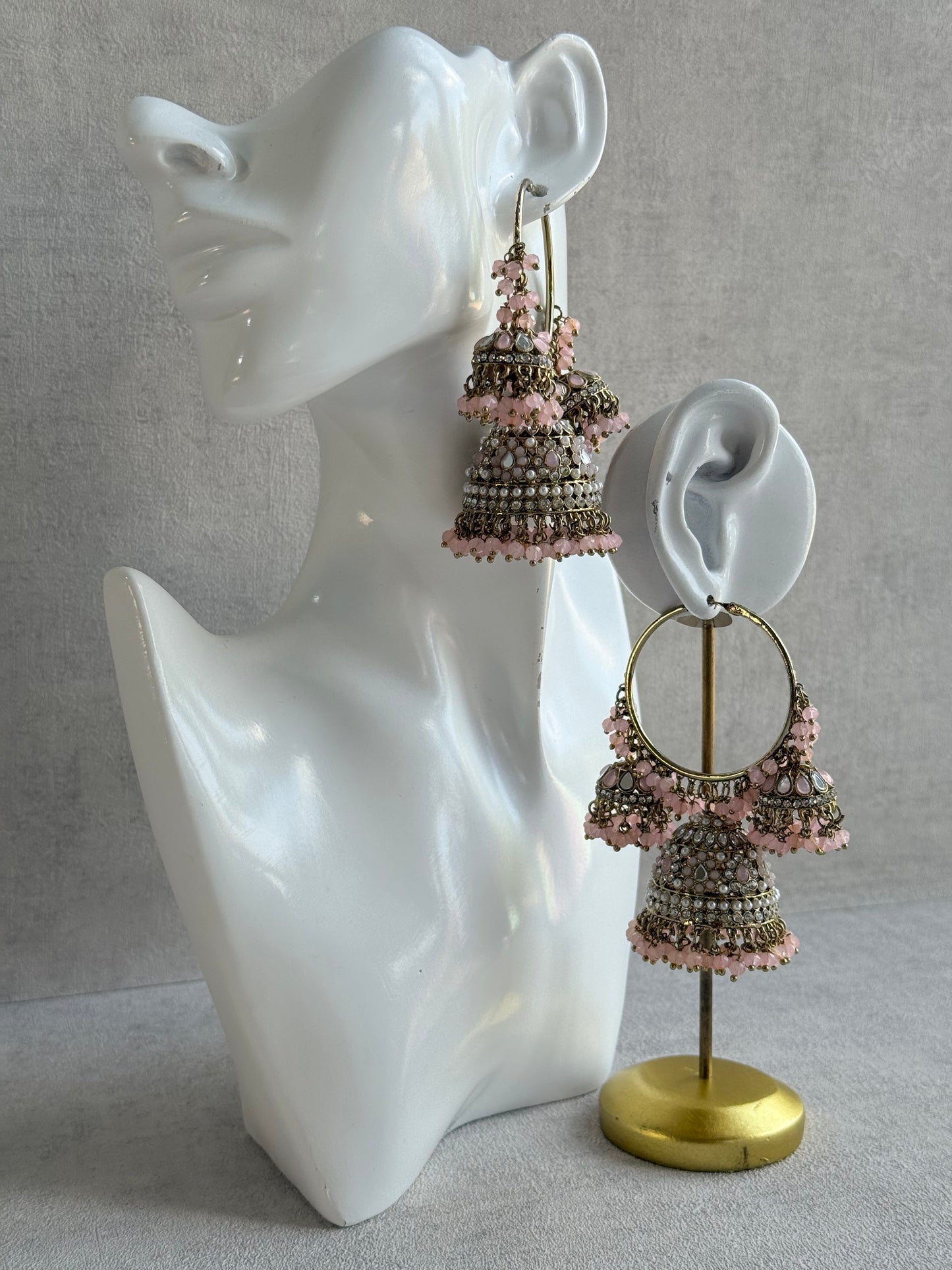 Ayura Designs Jindri Balis – Blush Pink & Antique Gold Triple Jhumki Earrings with Mirror-Cut Stones & Pearl Detailing