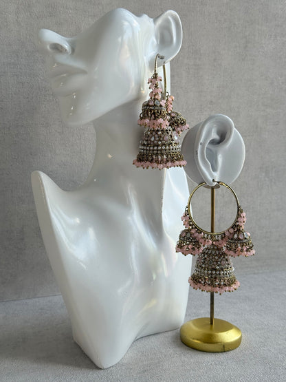 Ayura Designs Jindri Balis – Blush Pink & Antique Gold Triple Jhumki Earrings with Mirror-Cut Stones & Pearl Detailing