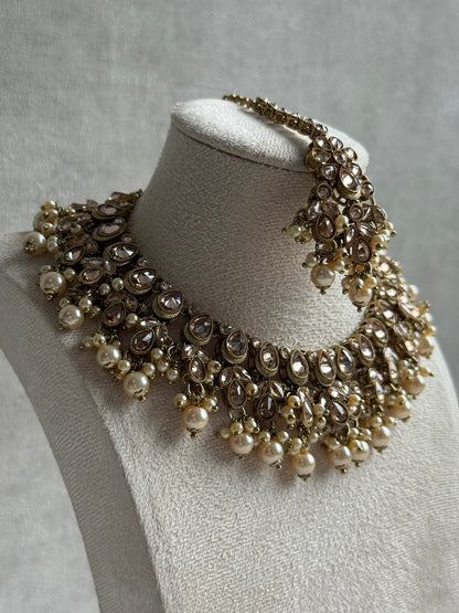 Ayura Designs Rameen Set – Necklace, Earrings & Tikka with Champagne Stones, Ivory Pearls & Antique Gold Finish