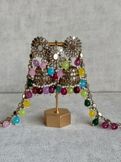 Ayura Designs Fitoor Tikka Set – Mirror Work with Multicolour Beads, Pearl Detailing & Matching Sahare