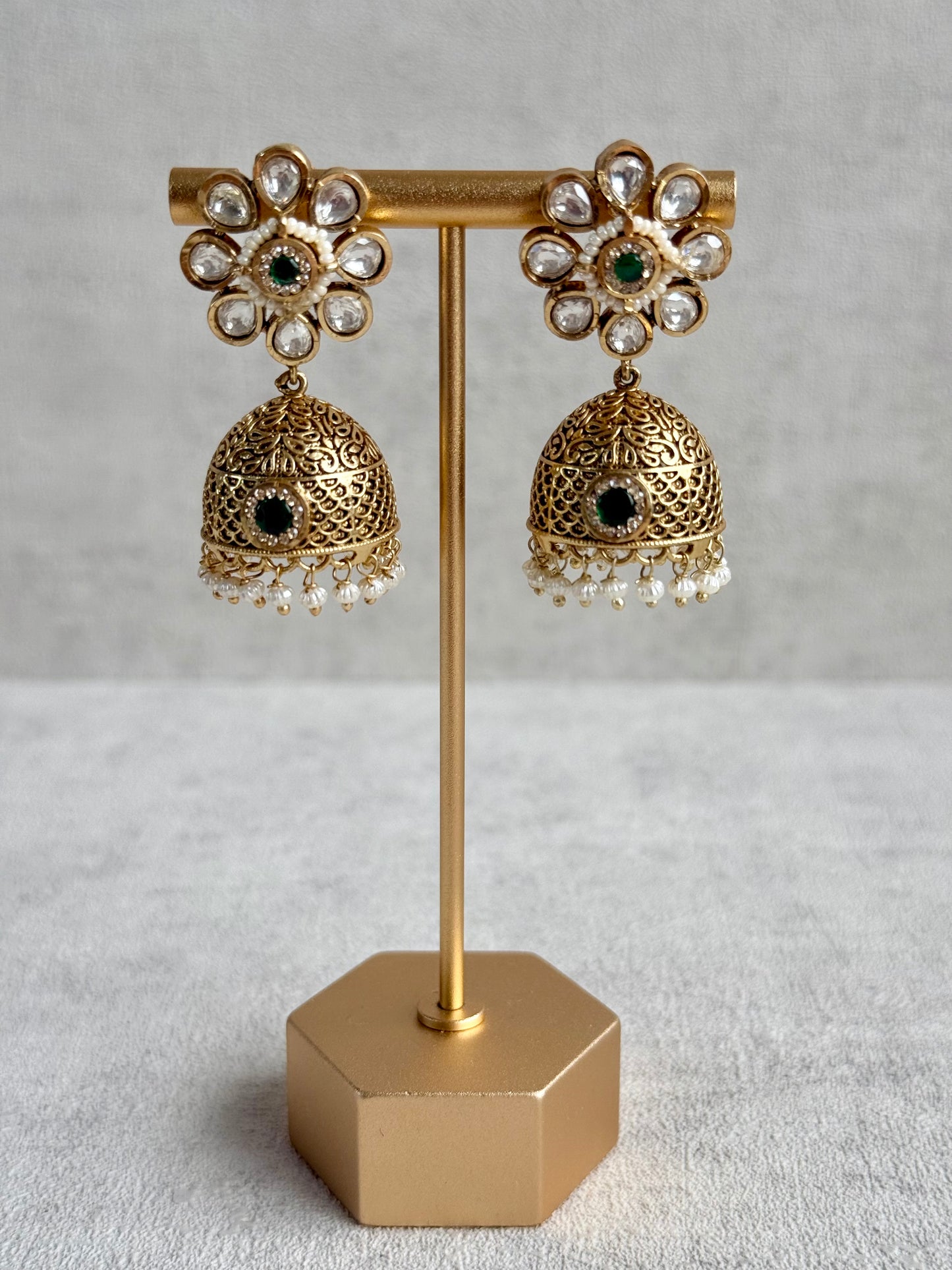 Ayura Designs Tanu Choker Set – Antique Gold Choker & Jhumkis with Ruby & Emerald Kundan and Pearl Borders