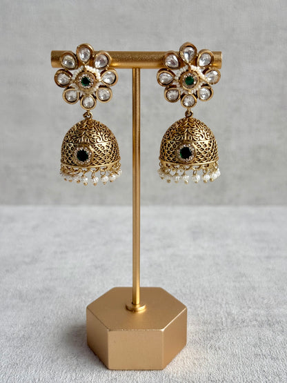Ayura Designs Tanu Choker Set – Antique Gold Choker & Jhumkis with Ruby & Emerald Kundan and Pearl Borders